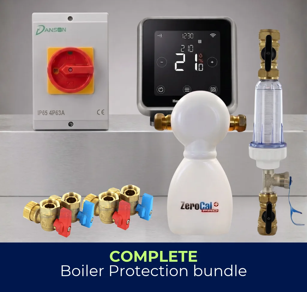 ECBC Complete Boiler Protection Pack featuring a rotary isolator, plumbing fittings, ZeroCal+ limescale protection, central heating magnetic filter and Honeywell wireless room thermostat.